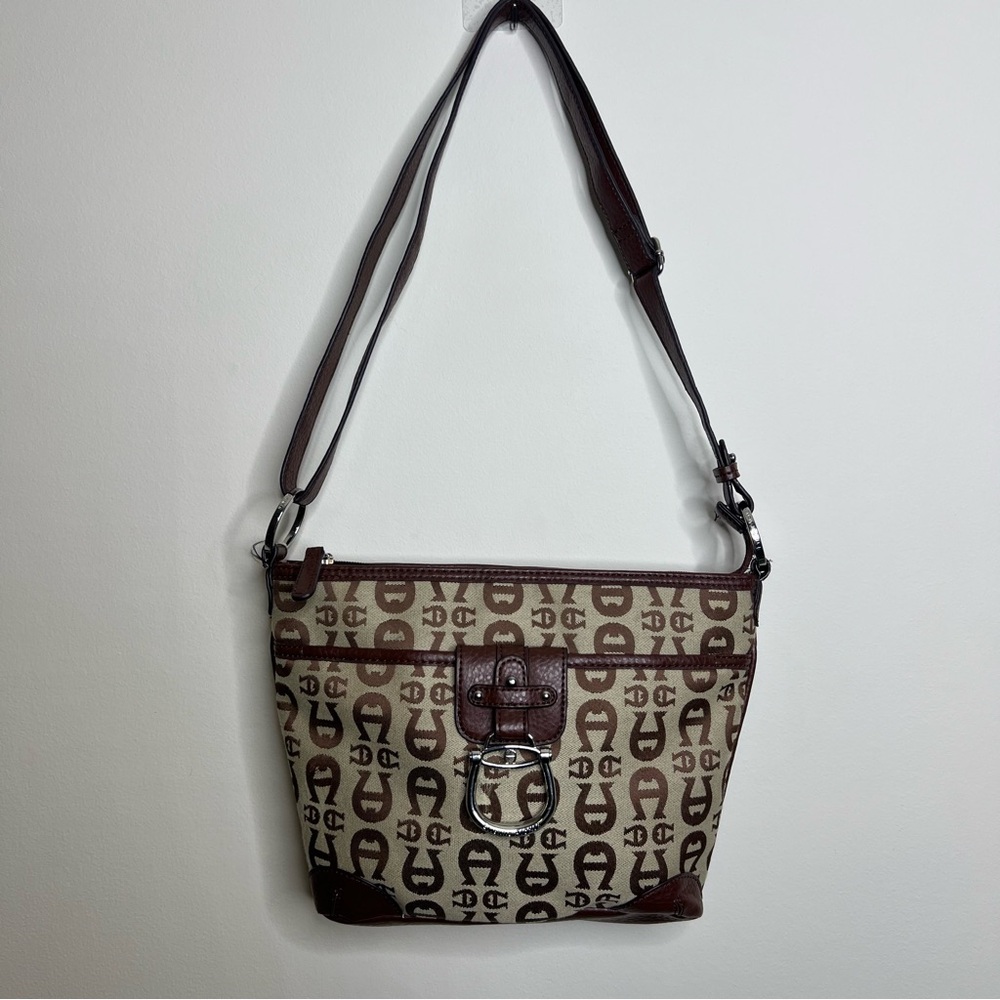 Vintage Etienne Aigner Handbag Purse Brown Canvas Shoulder Hobo Y2k Logo Chunky